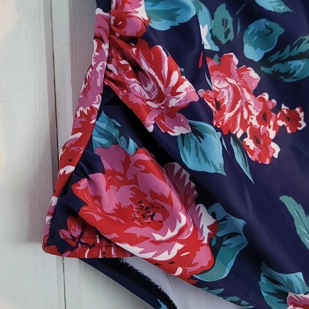 Ruched High Rose Floral Bikini Swim Brief Bottom